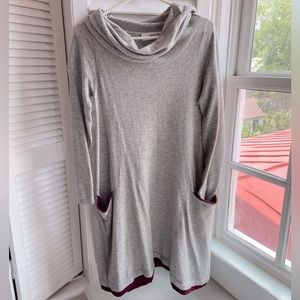 ANTHROPOLOGIE “sparrow” grey cowl beck sweater dress with red hem detail